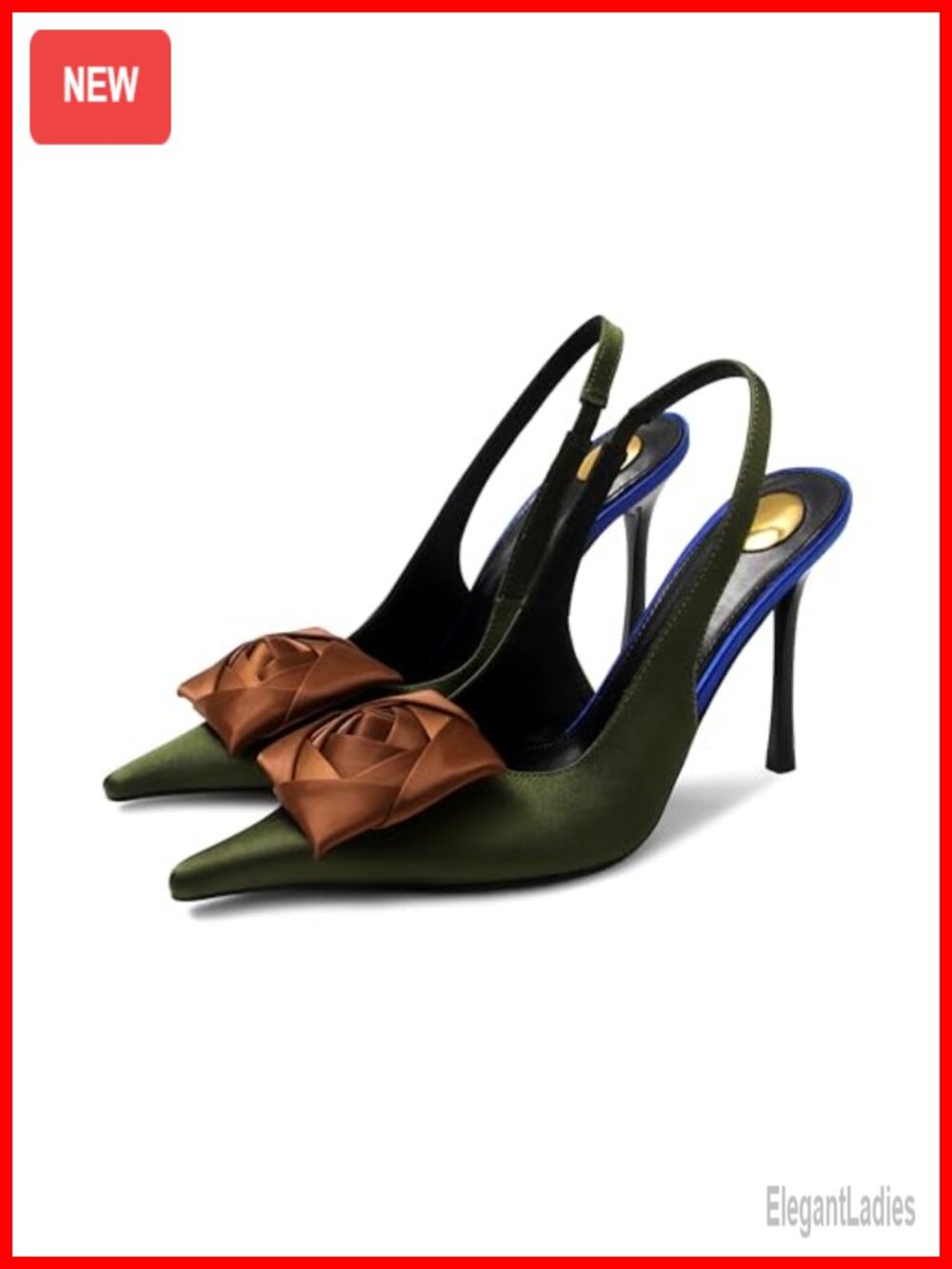Satin Pointed Toe Slingback Stiletto Heel Pumps with Flower Ankle Strap